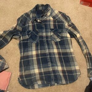 Women’s western plaid true religion  denim snap button shirt size large